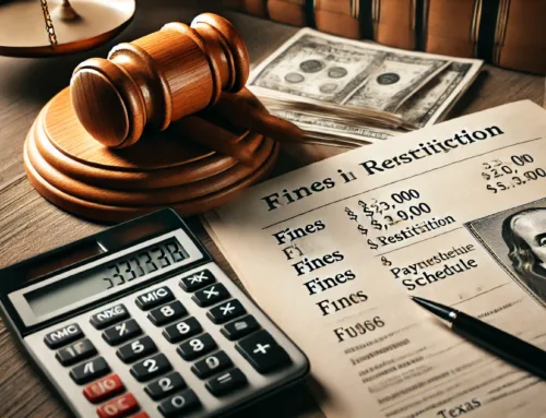 Calculator, gavel, and document titled "Fines and Restitution" with listed amounts, representing financial implications of drug crime penalties in Texas.