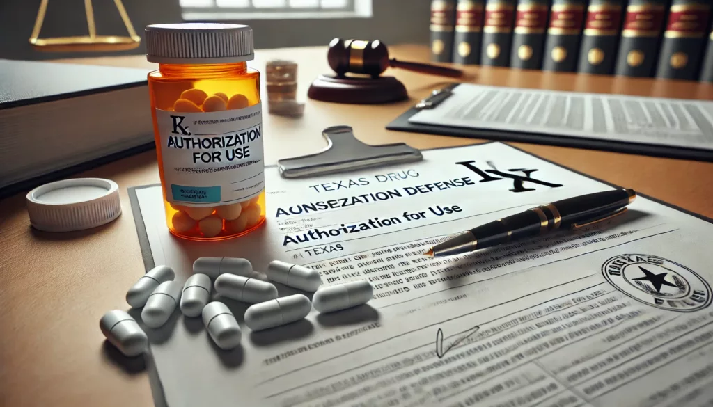 A close-up of prescription pills and a legal document proving authorization, symbolizing a consent or misidentification defense in a Texas drug case.