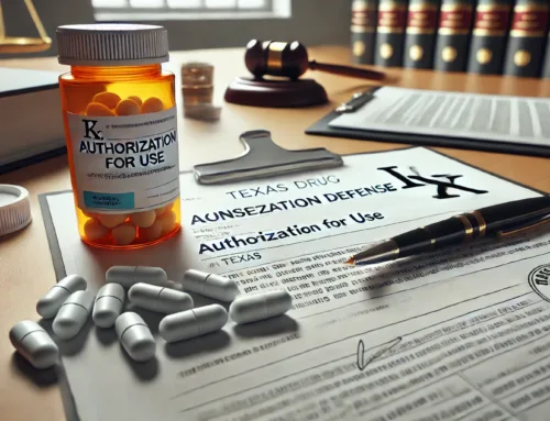 Prescription bottle labeled "Authorization for Use" beside legal documents related to Texas drug defense, with pills and a pen, reflecting themes of legal defense in drug crime cases.