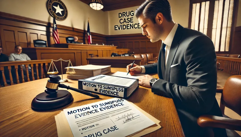 A defense attorney reviewing documents before a suppression hearing in a Texas courtroom, symbolizing the fight to exclude illegal drug evidence.