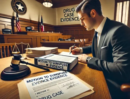 Attorney preparing legal documents for drug case evidence suppression in courtroom setting.