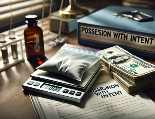 Bag of suspected drugs on a digital scale, stacks of cash, and legal documents labeled "Possession with Intent," reflecting the context of drug crime defense in Texas.
