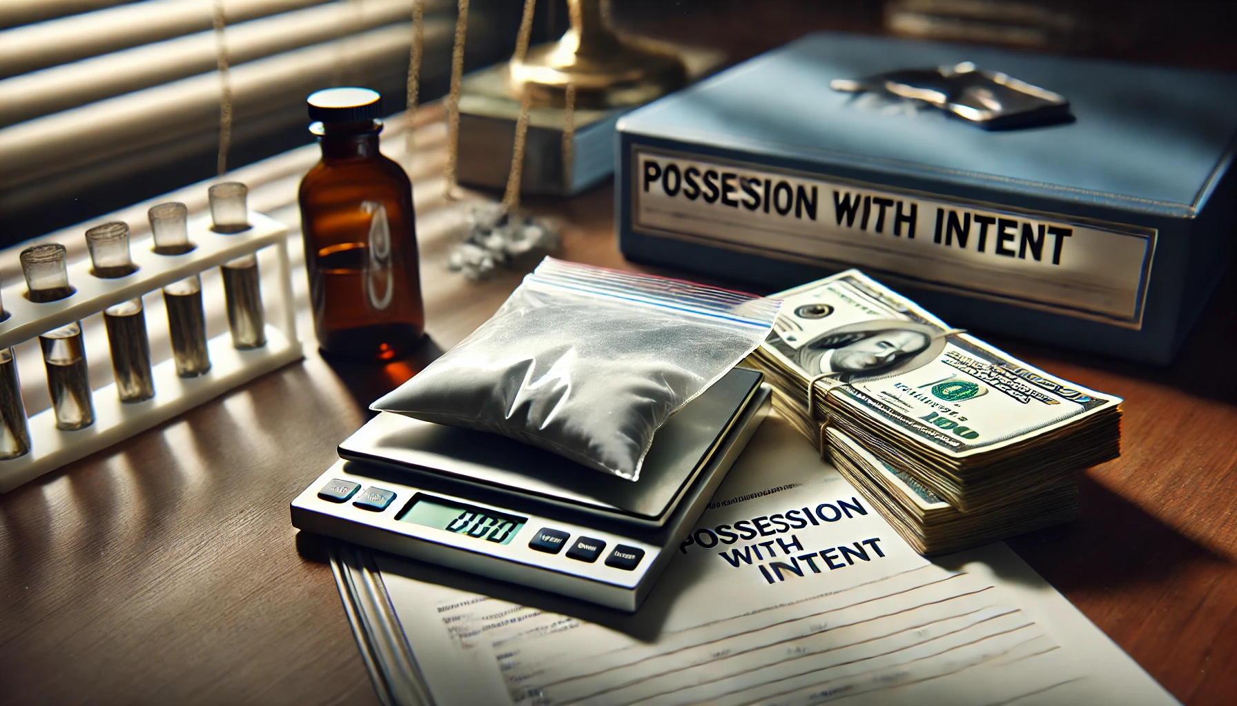 A close-up image of drug evidence, cash, and a digital scale in a police evidence room, symbolizing an intent to distribute defense in Texas drug cases.