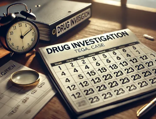 Clock and calendar on a desk labeled "Drug Investigation" with notes, emphasizing the timeline and documentation in Texas drug cases.