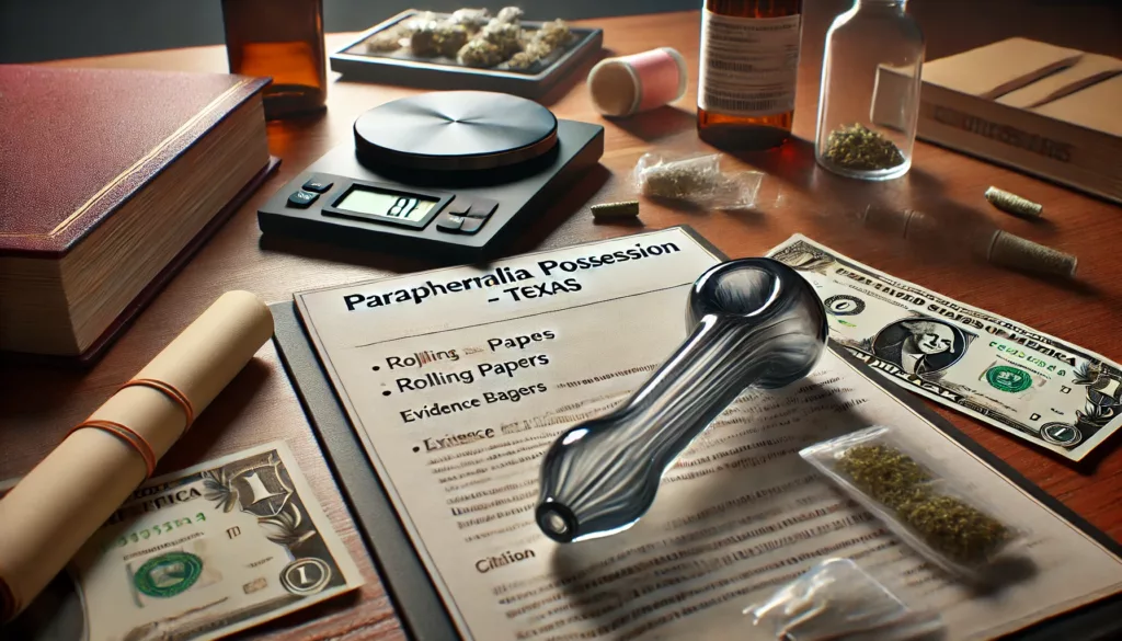 Glass pipe, digital scale, and rolling papers on a courtroom desk, symbolizing possession of drug paraphernalia charges in Texas