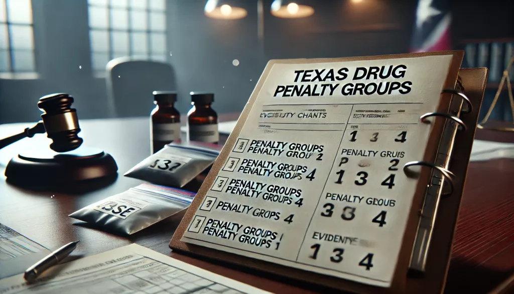 Legal folder labeled “Texas Drug Penalty Groups” next to charts and evidence bags, showing classifications of controlled substances under Texas law