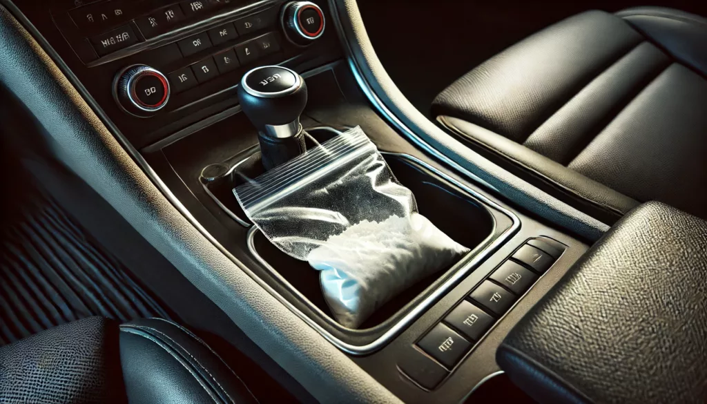A courtroom evidence photo showing a bag of drugs on a car console with no one in possession, symbolizing constructive possession defenses in Texas.