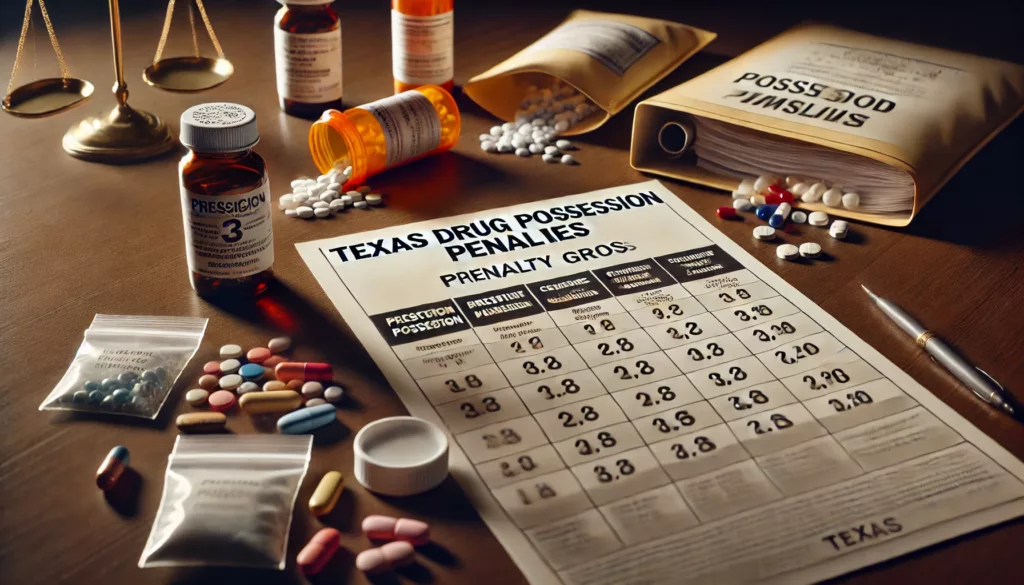 Chart showing Texas drug possession penalty groups, pills, and legal documents on a courtroom desk.