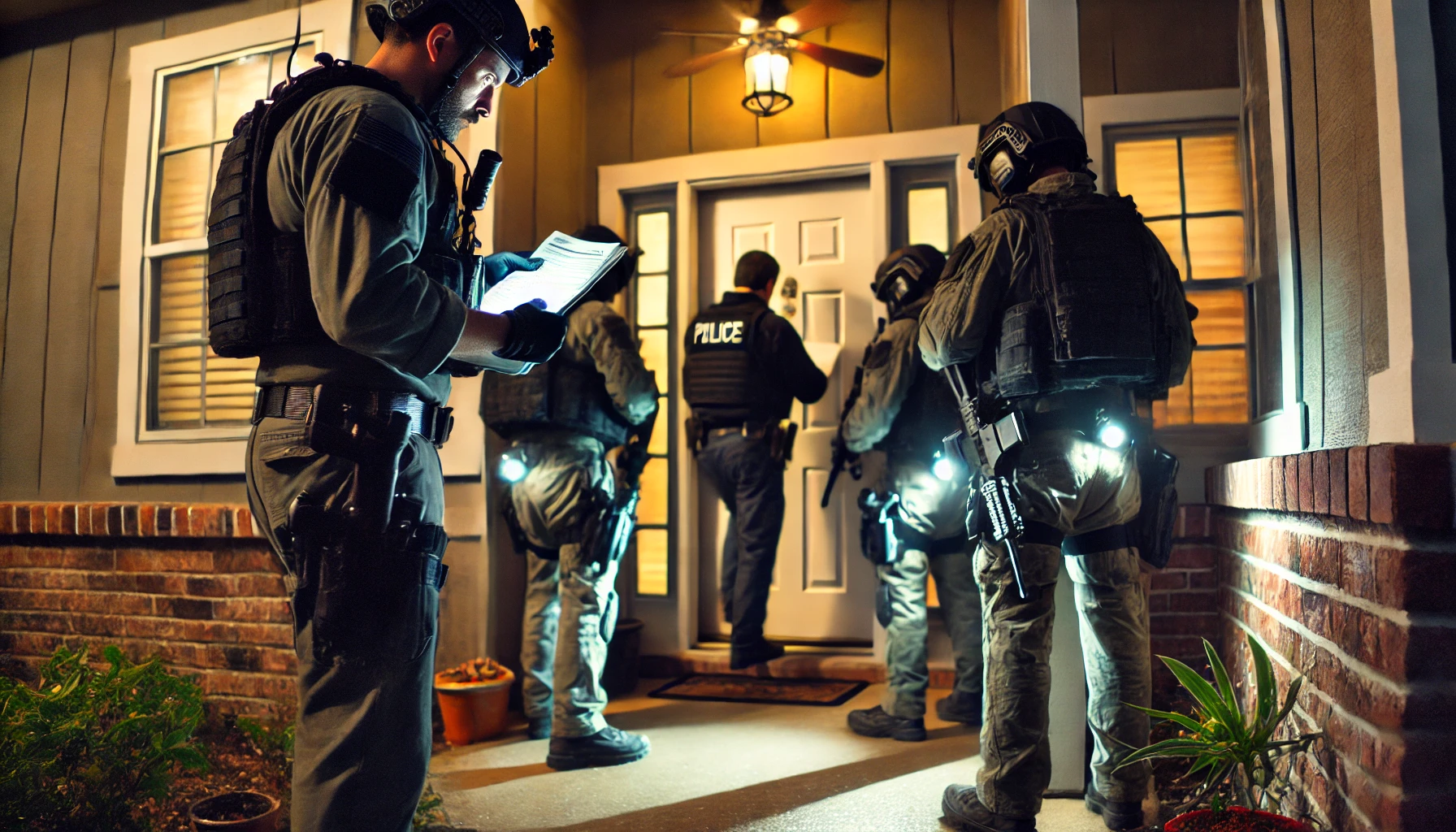 Law enforcement officers executing a search warrant during a drug raid in a Texas residence.