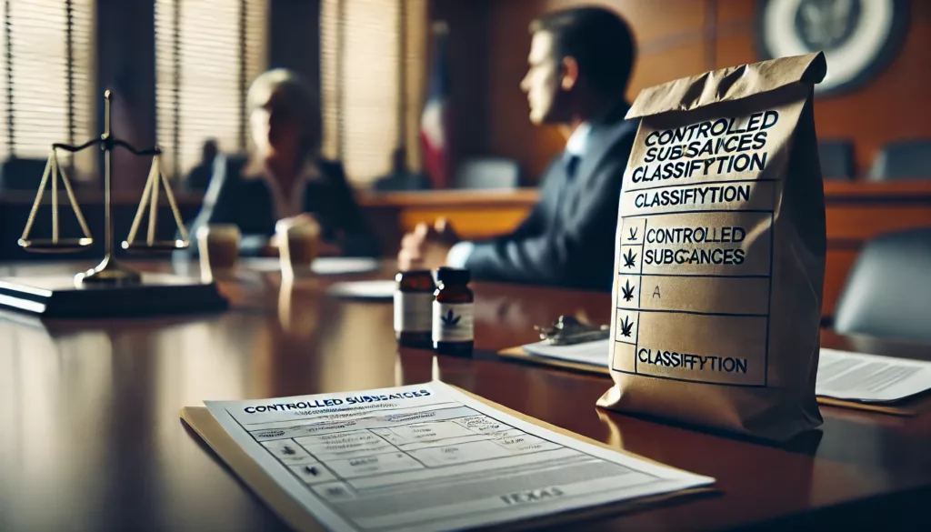 Courtroom desk with labeled folders showing Schedule I through V drugs, including prescription bottles and evidence bags, illustrating Texas drug classifications.