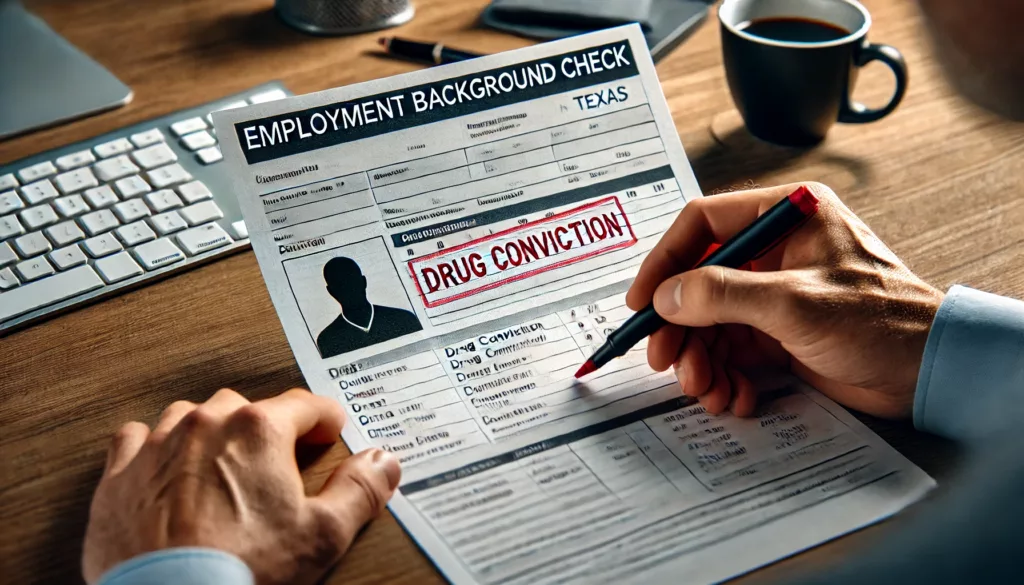 A person reviewing a background check report highlighting a drug conviction, symbolizing employment challenges in Texas.