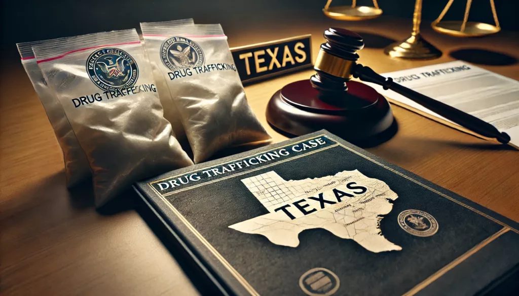 Drug evidence bags, map of Texas with federal agency documents on a courtroom table, symbolizing state vs. federal drug trafficking charges