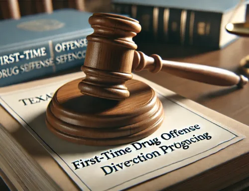 Gavel resting on a legal document titled "First-Time Drug Offense Diversion Program" with law books in the background, symbolizing Texas drug offense legal proceedings and implications for immigration status.