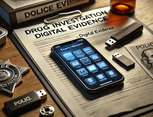 Smartphone displaying digital evidence icons on a document labeled "Drug Investigation Digital Evidence," surrounded by USB drives and a police badge, emphasizing the significance of digital evidence in Texas drug cases.