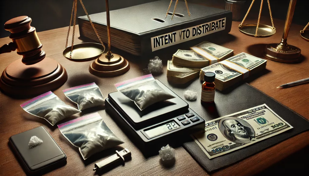 Evidence bags, digital scale, and cash on a courtroom desk symbolizing possession with intent to distribute in Texas