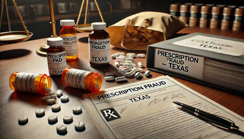 Forged prescription pad, pill bottles, and legal folder on a courtroom desk, symbolizing prescription drug fraud charges in Texas