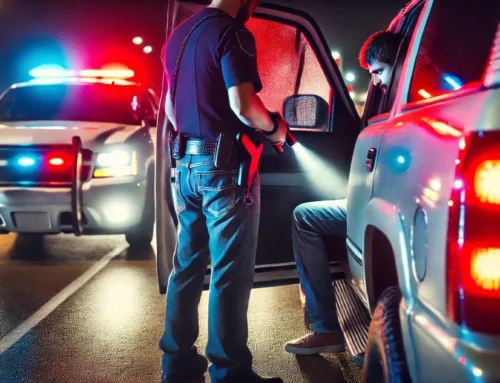 Police officer conducting a traffic stop at night, using a flashlight to inspect a vehicle, with police lights illuminating the scene, highlighting the context of drug arrests and evidence handling in Texas.