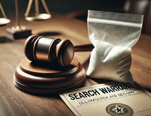 Gavel and search warrant document beside a bag of white powder, symbolizing drug-related legal cases and issues of unlawful search and evidence handling in Texas.