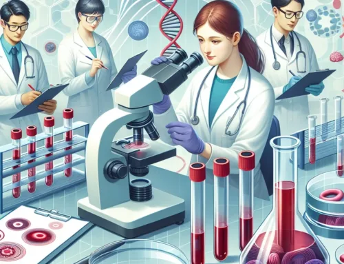 Laboratory scene with scientists examining blood samples under a microscope, showcasing cancer research efforts, emphasizing community support and health initiatives related to the Bad Pants Open event.