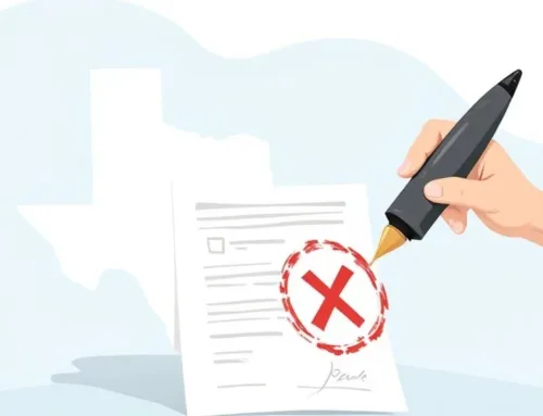 Illustration of a hand holding a pen marking a document with a red "X" and a Texas outline in the background, symbolizing the expungement of criminal records in Texas.