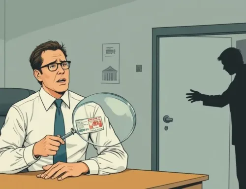 Man in a white shirt and tie examining a document with a magnifying glass, looking concerned, with a shadowy figure approaching from a doorway in a law office setting, symbolizing legal scrutiny and the complexities of criminal record expungement in Texas.