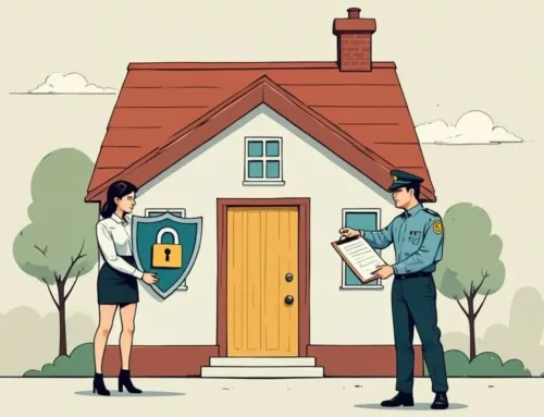Illustration of a woman holding a shield symbolizing home security while a police officer presents a clipboard in front of a house, emphasizing rights during police encounters.
