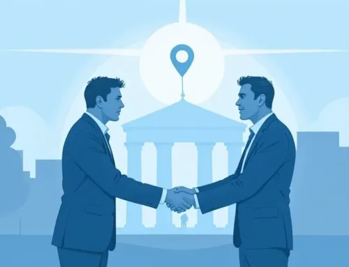 Two men in business suits shaking hands in front of a courthouse, symbolizing legal partnership and collaboration in criminal defense.