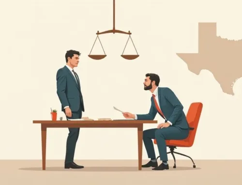 Two men in business suits discussing legal matters at a desk, with a Texas map and scales of justice in the background, representing criminal defense themes relevant to marijuana possession and DWI cases.
