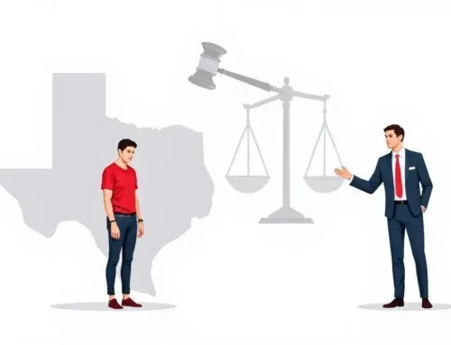 Illustration of a man in handcuffs next to a Texas outline and a lawyer presenting legal scales, symbolizing the expungement of criminal records in Texas.