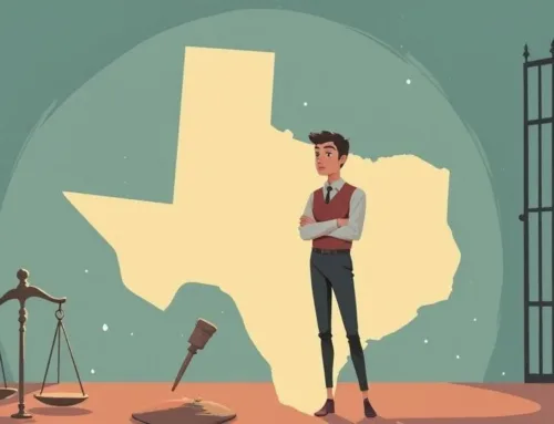 Illustration of a confident young man standing with arms crossed in front of a large outline of Texas, with legal symbols like a gavel and scales of justice, representing legal guidance for assault charges in Texas.