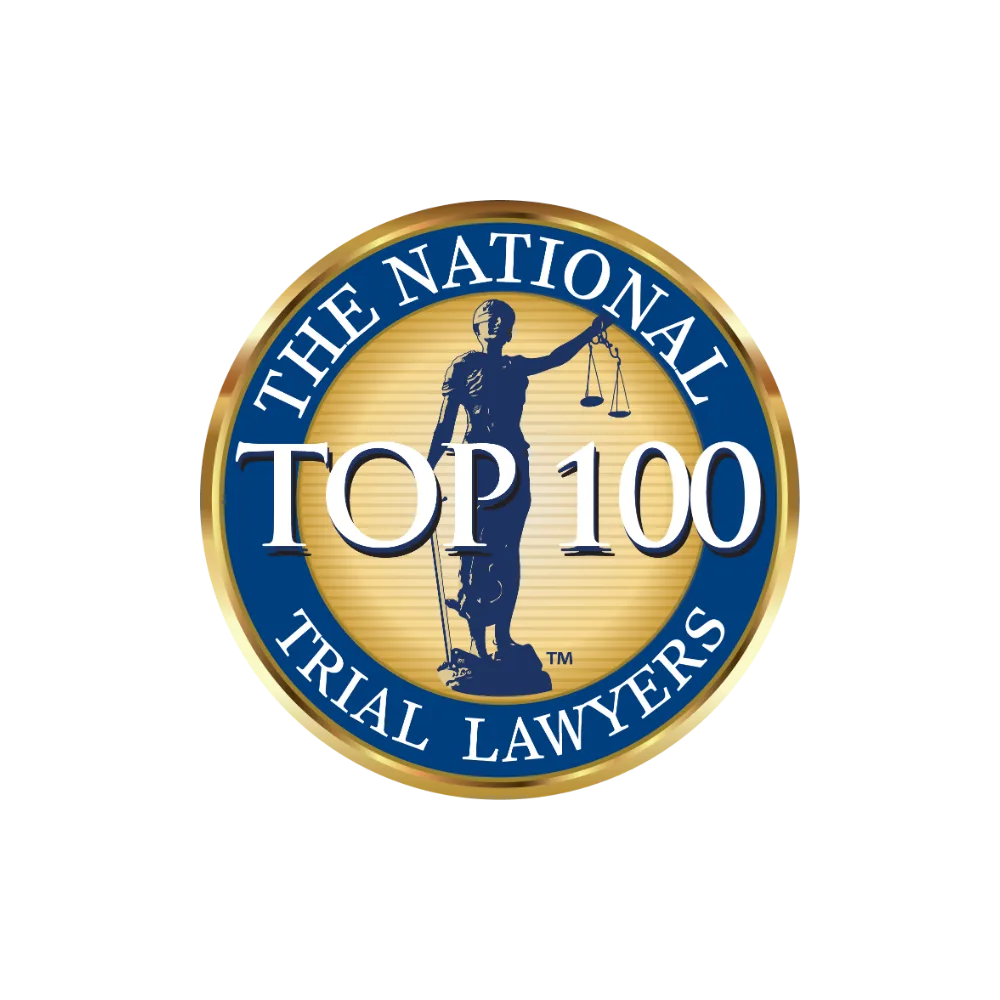 David Smith Law Firm, PLLC 9 National Trial Lawyers Top 100 emblem featuring a statue of Lady Justice, symbolizing elite legal representation in criminal law.