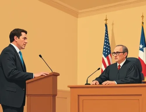Man in a suit speaking to a judge in a courtroom, with U.S. and Texas flags in the background, illustrating legal proceedings relevant to criminal defense and pretrial diversion in Texas.