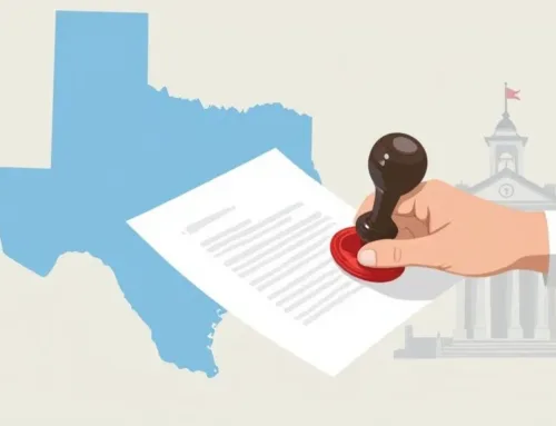Hand stamping a document with a red seal in front of a Texas outline and a courthouse, symbolizing legal processes and pretrial diversion in Texas.