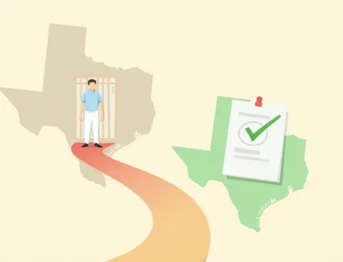 Illustration depicting a man standing at a crossroads in Texas, transitioning from a jail cell to a checklist symbolizing DWI expungement process and legal guidance.
