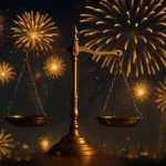 A group of fireworks in the night sky with scales of justice