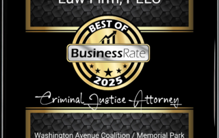 David Smith Law Firm, PLLC 21 Award plaque for David Smith Law Firm, PLLC, recognizing them as the Best Criminal Justice Attorney of 2025 by BusinessRate, featuring a gold and black design with stars and a circular emblem.