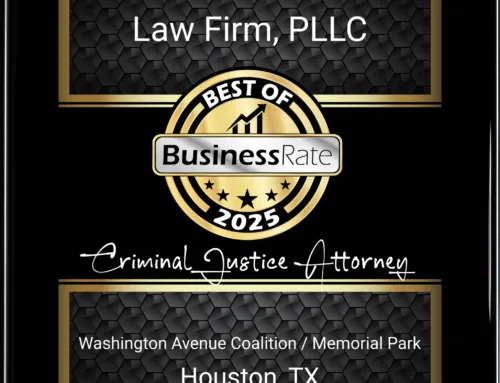 Award plaque for David Smith Law Firm, PLLC, recognizing "Best of Business Rate 2025" in Criminal Justice Attorney category for Washington Avenue Coalition/Memorial Park, Houston, TX.