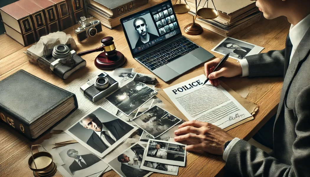 A person organizing legal documents, photos, and a laptop displaying security footage, emphasizing the importance of gathering evidence for a defense case.