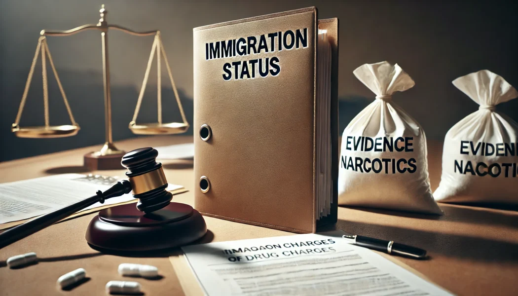 A courtroom desk with a legal folder marked "Immigration Status," alongside legal documents and evidence bags, representing the immigration risks of Texas drug charges